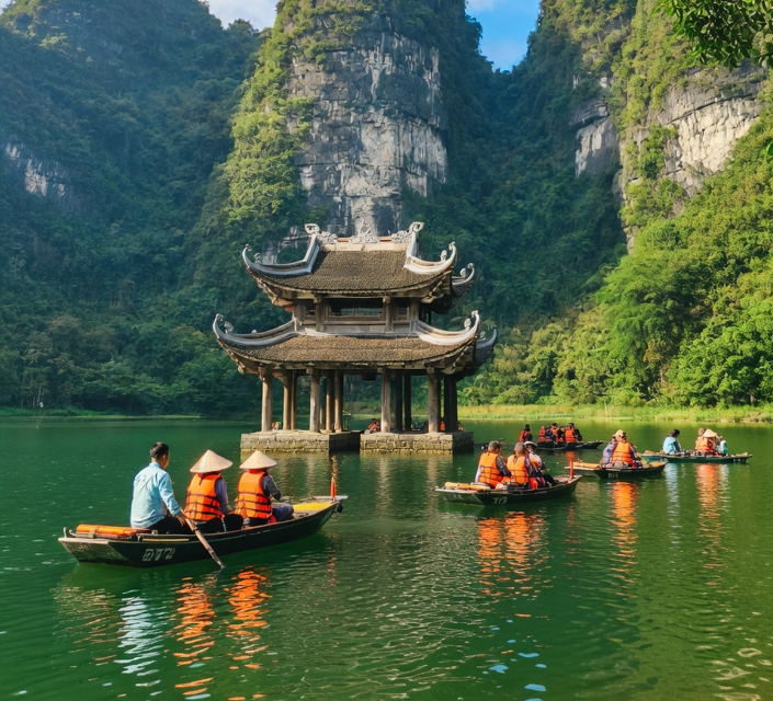 Limestone karst mountains reflected in calm waters of Ninh Binh at sunrise